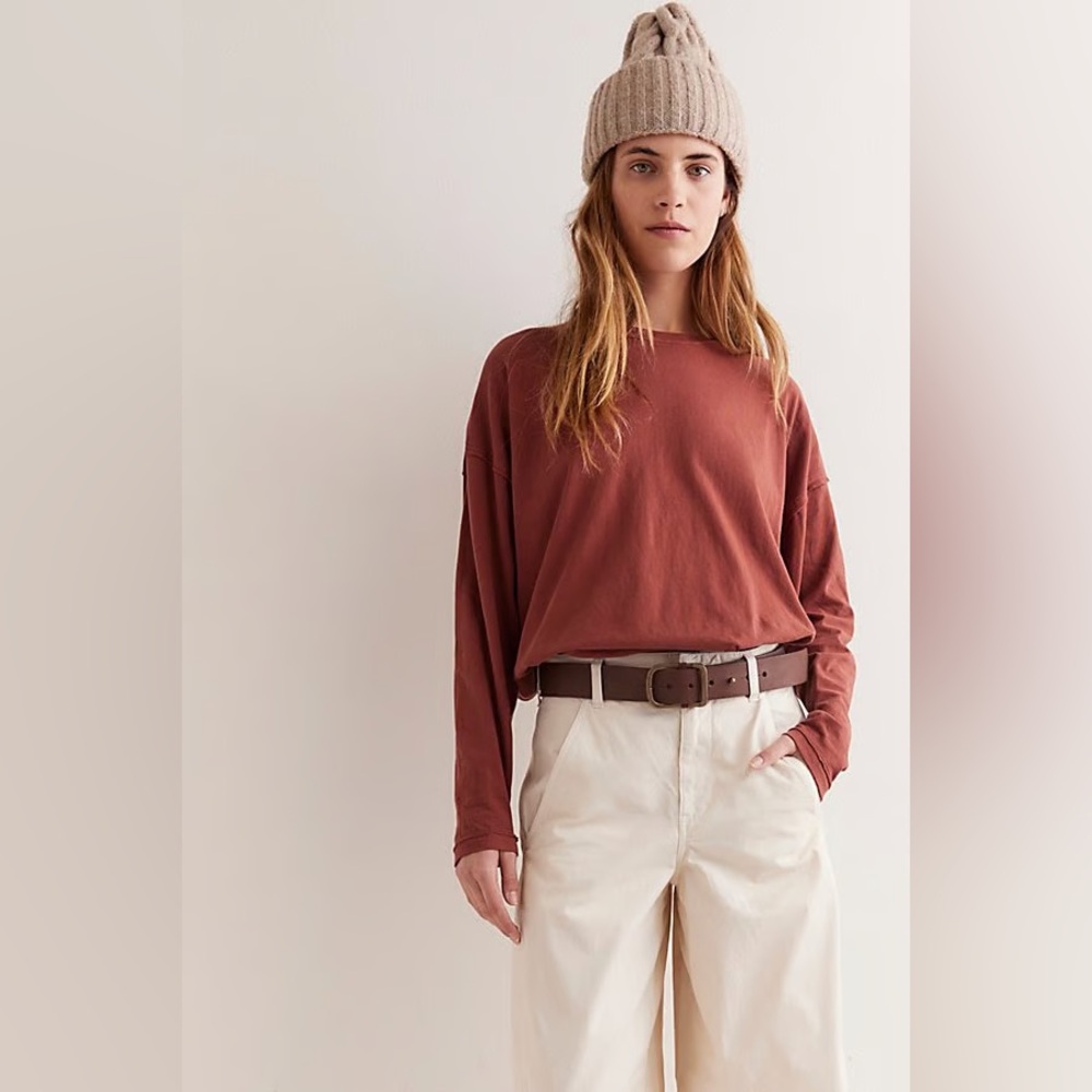 Free People We The Free Nina Long Sleeve Tee Shirt Brownie Large NWT